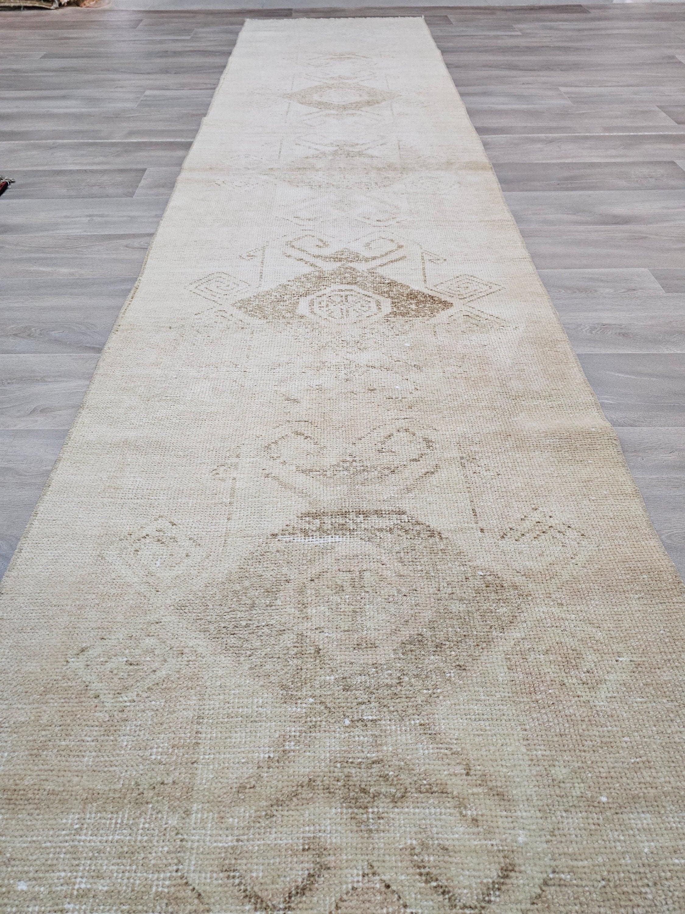 Hand Knotted Turkish Runner Rug 3x12: Vintage Wool Hallway Carpet