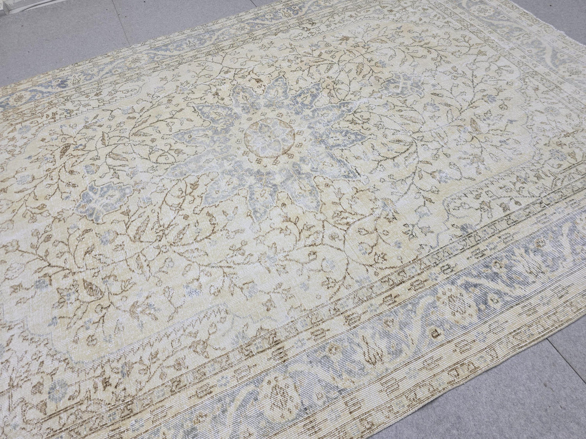 Oushak Rug 7.50x10.60 feet, Blue Medallion Turkish Carpet, Muted Cream Beige Floral, Vintage Tabriz Style Area Rug, Living Room