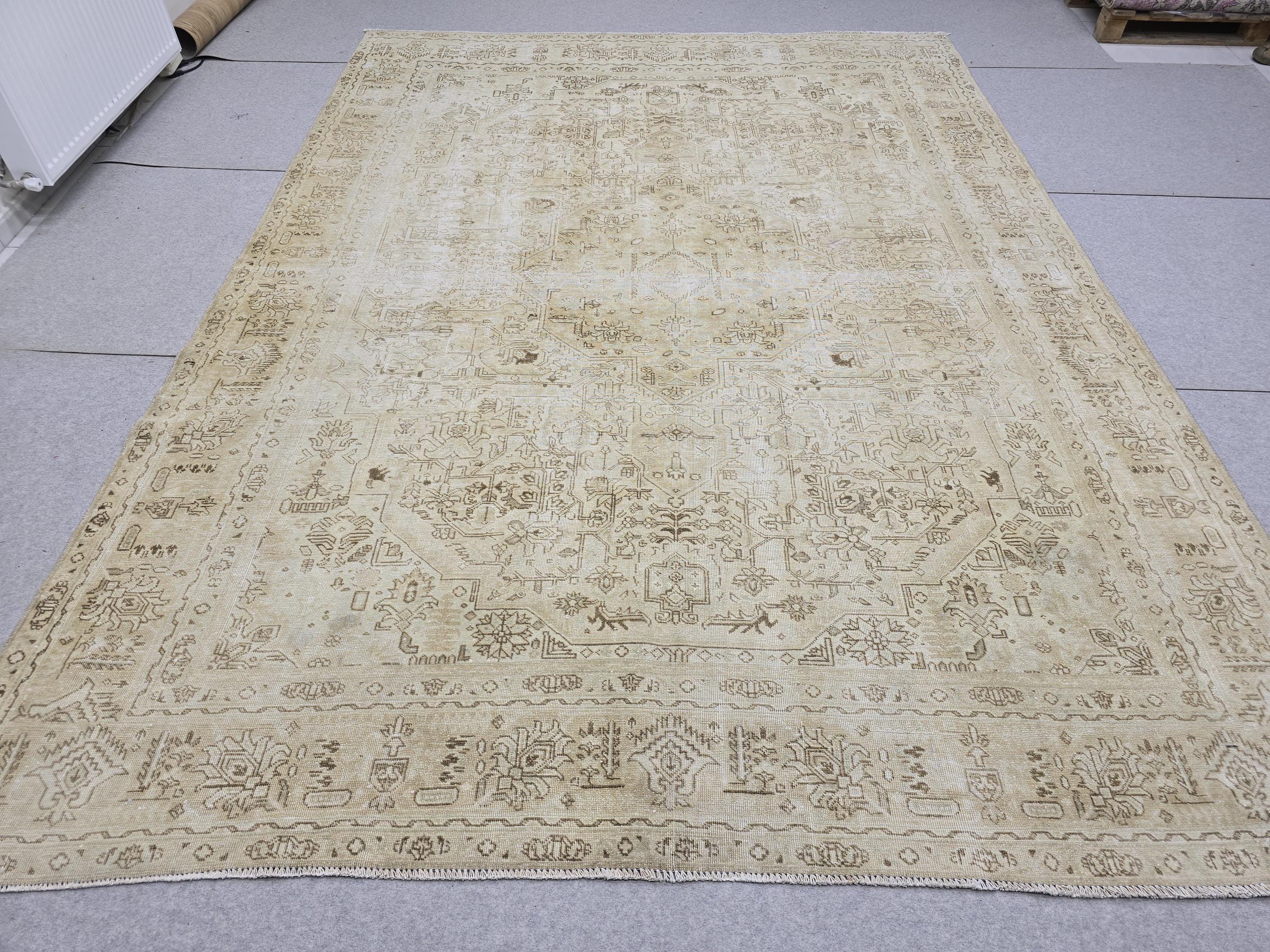 8x11 Vintage Hand Knotted Wool Rug, Muted Neutral Oushak Style, 8x11 Distressed Area Rug