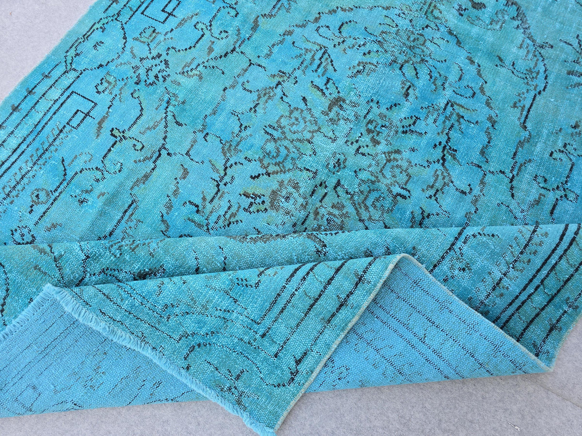 Vintage Overdyed Turquoise Turkish Rug - 6x9.6 ft Handknotted