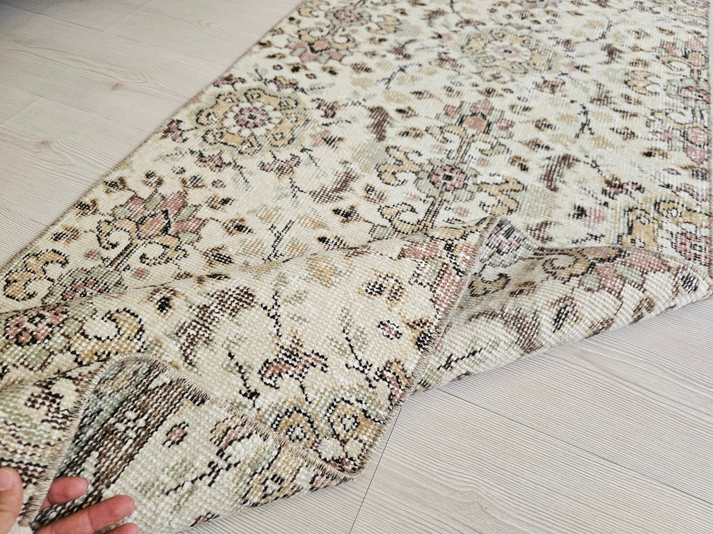Hand Knotted Wool Runner Rug: 2x10 Vintage Floral Oushak Design