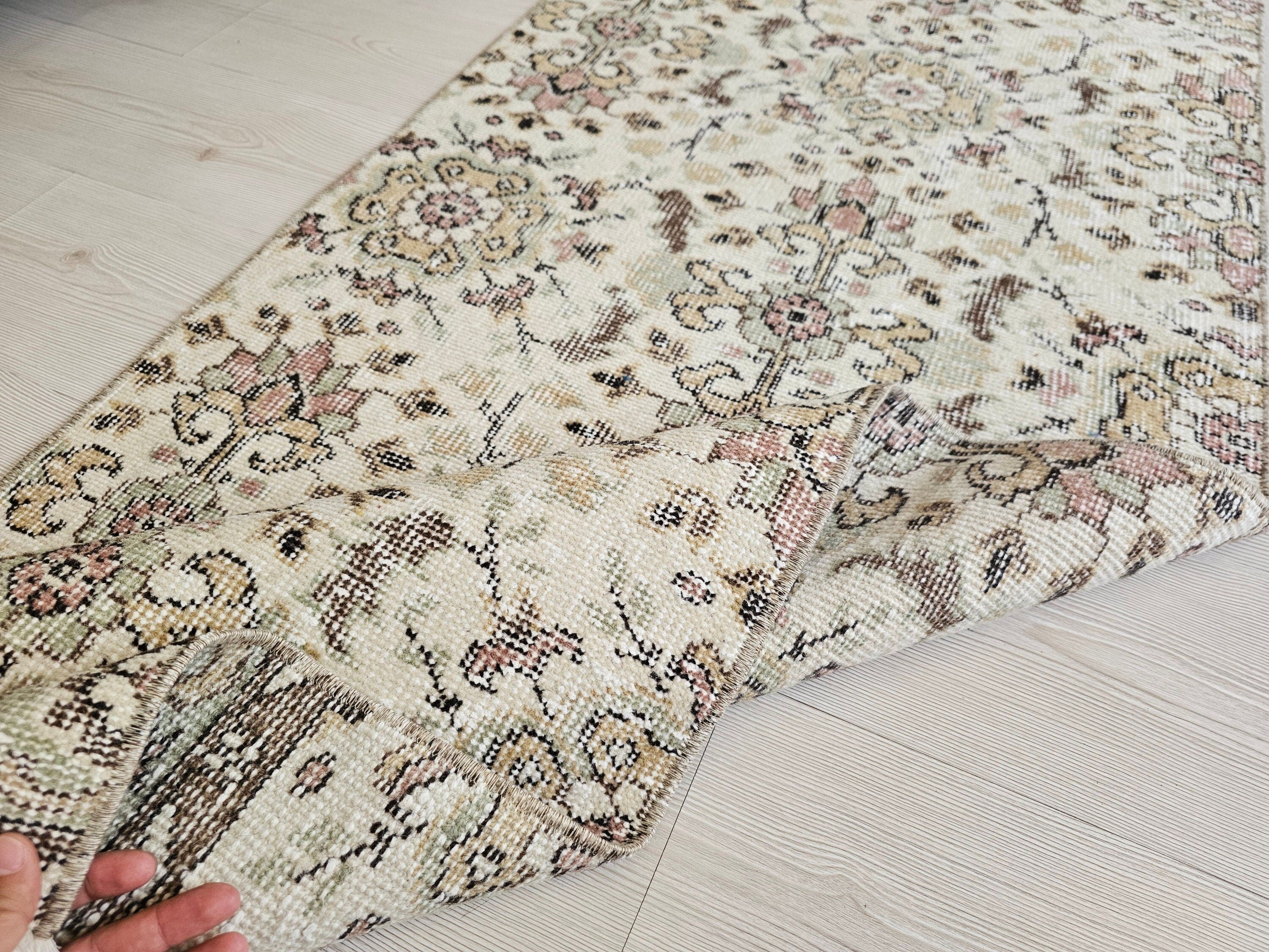 Hand Knotted Wool Runner Rug: 2x10 Vintage Floral Oushak Design