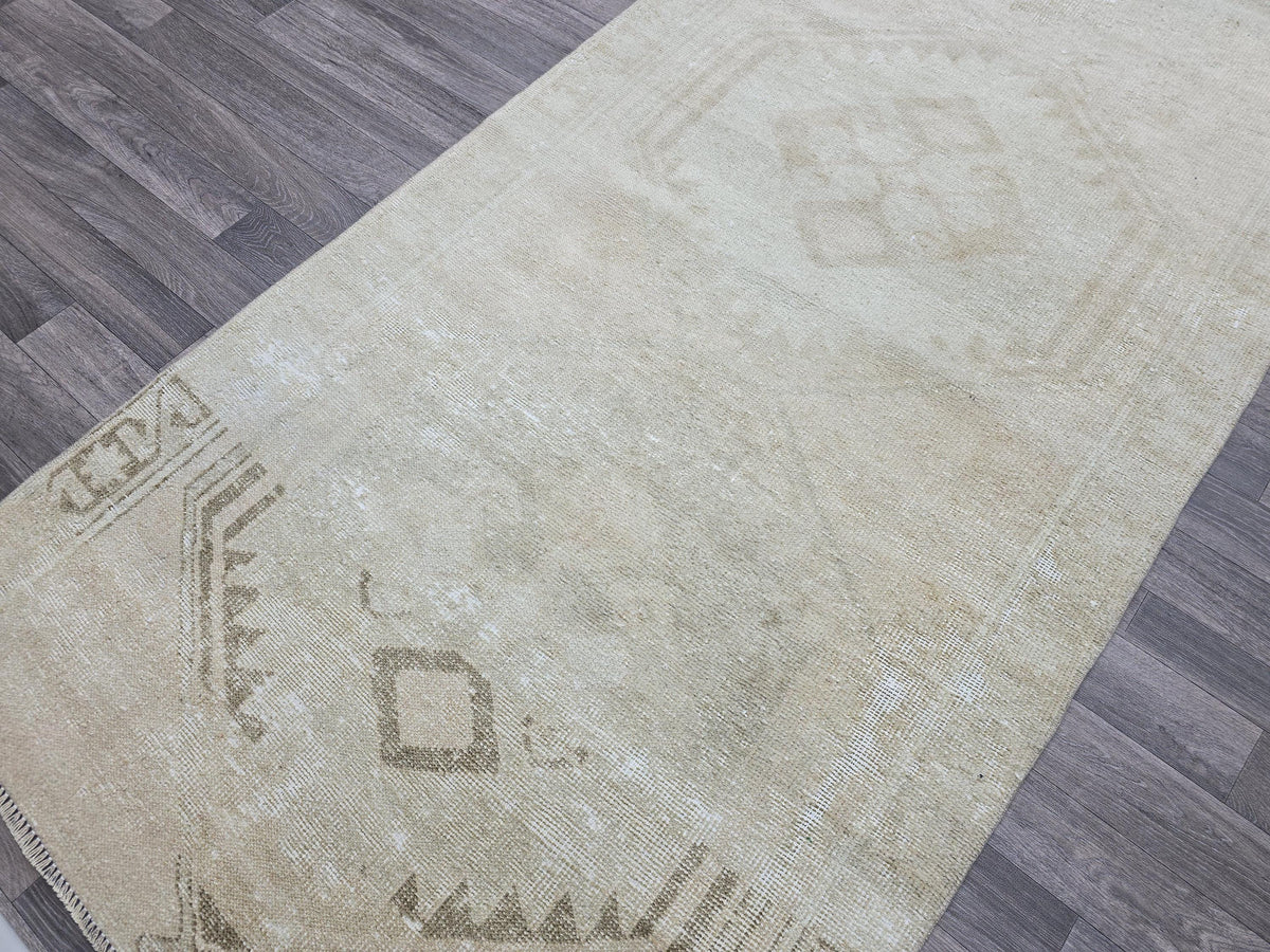 Vintage Oushak Wool Runner Rug: Distressed Turkish Hallway Carpet (3.9x14.25 ft)