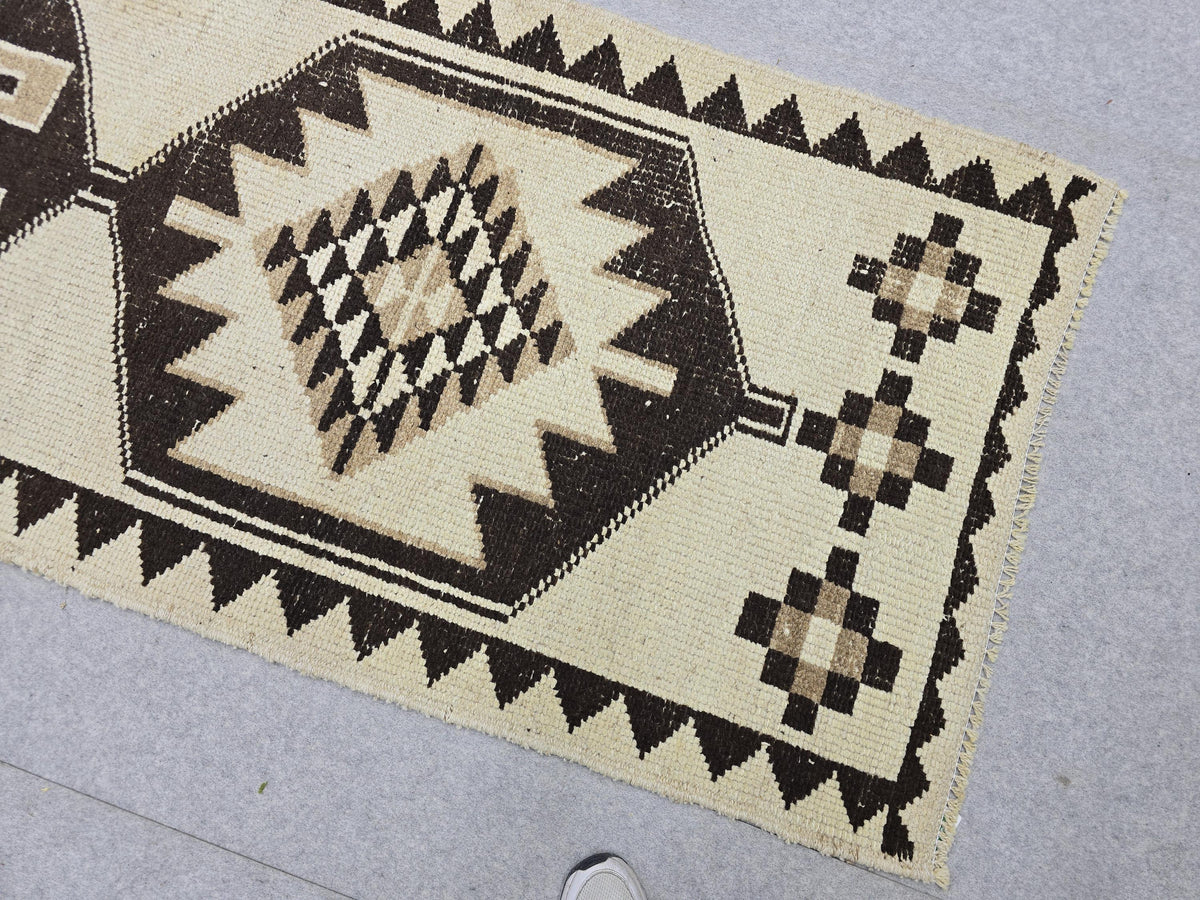 3x10 Vintage Turkish Runner Rug 3x10, Hand Knotted Tribal Wool Runner, Cream Brown Hallway Rug, Anatolian Oushak Runner, Boho Kitchen Runner