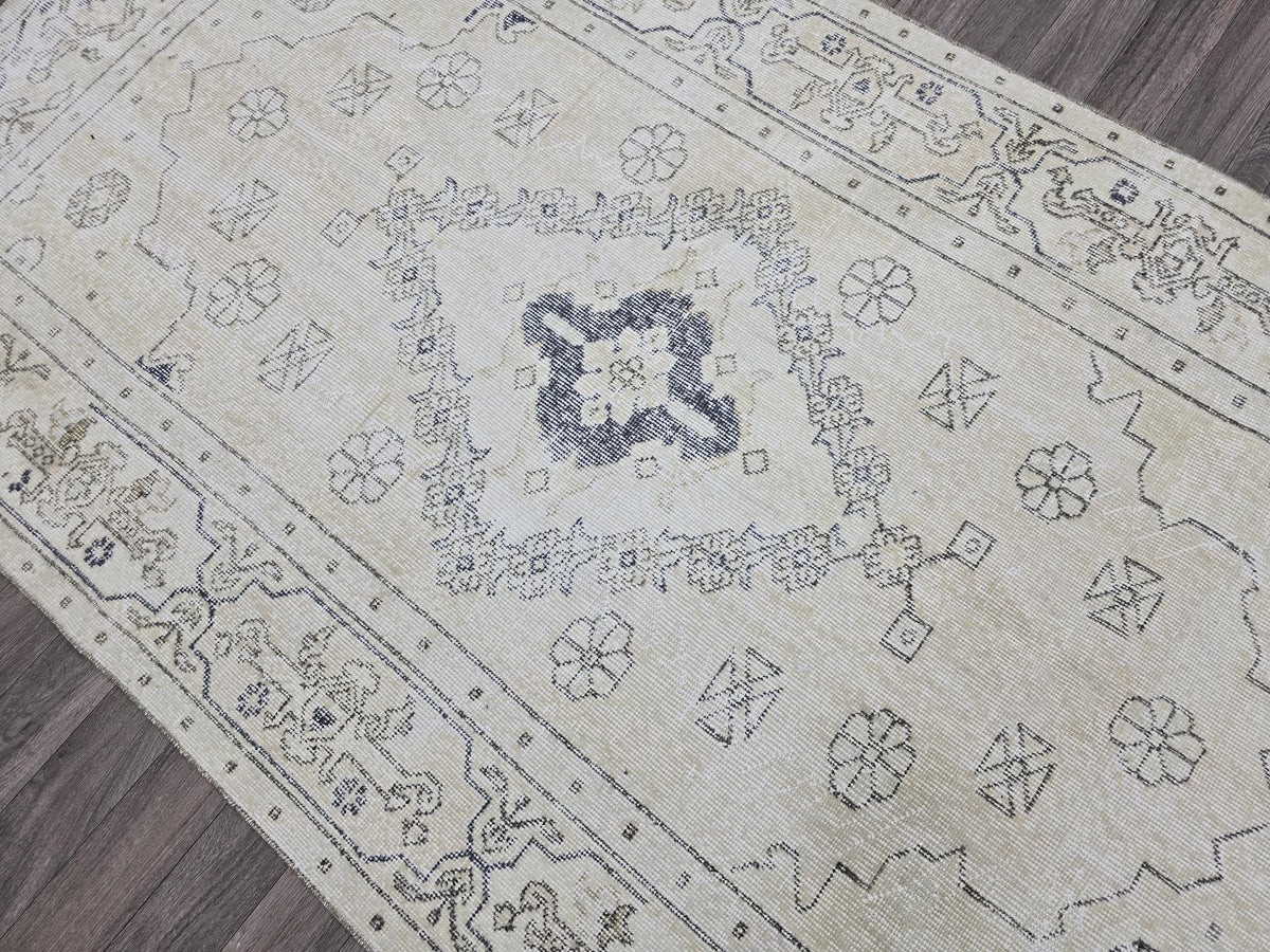 4x7 Oushak Rug - Neutral Vintage Turkish Rug: 4.3x7.7ft Hand-Knotted Wool Rug
