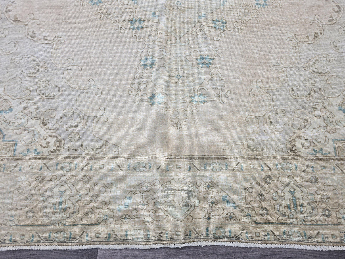 9x12 Beige Blue Faded Vintage Turkish Area Rug/ Natural Wool Rug / Authentic Carpet