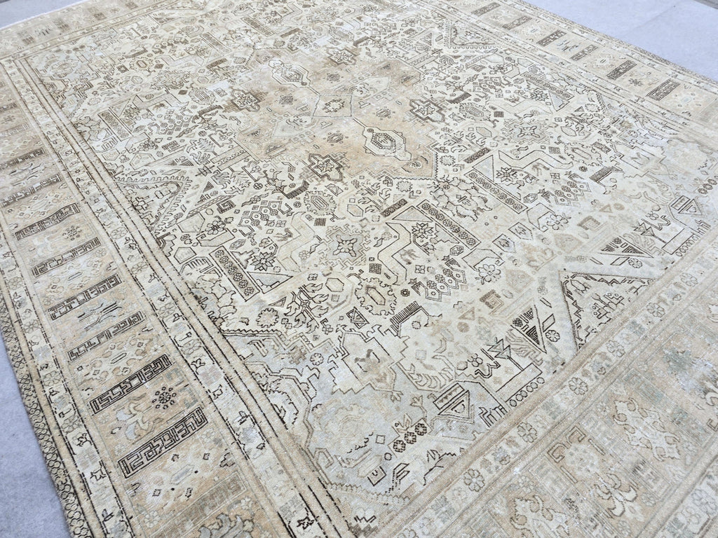 Turkish Rug 10x12, Faded Neutral Tribal Area Rug, Distressed Vintage Wool Carpet, Beige All Over Geometric, Boho Living Room