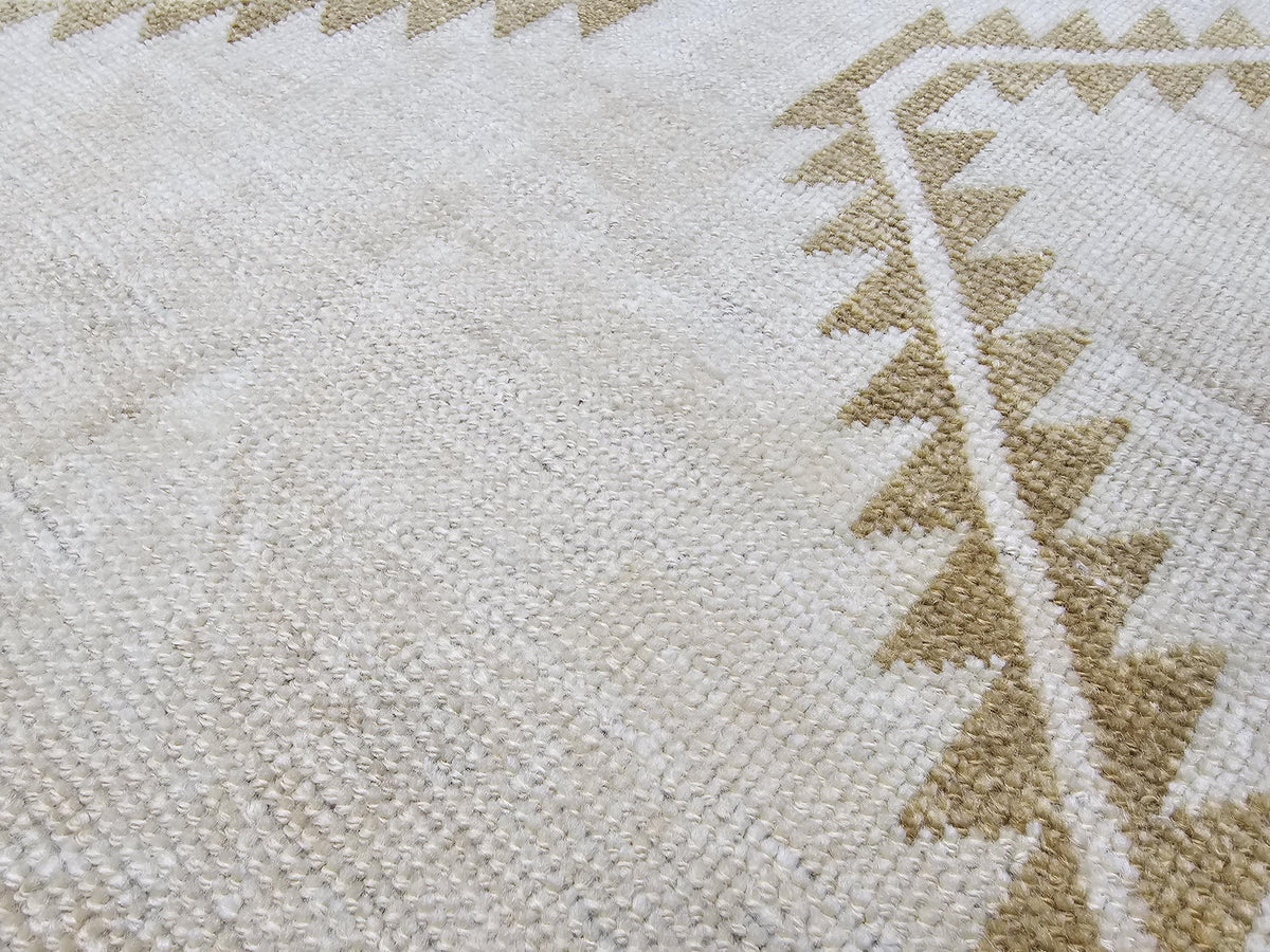 Wide Neutral Turkish Runner Beige Brown Geometric Pale Oushak Runner Handmade //3.40x12.15 feet