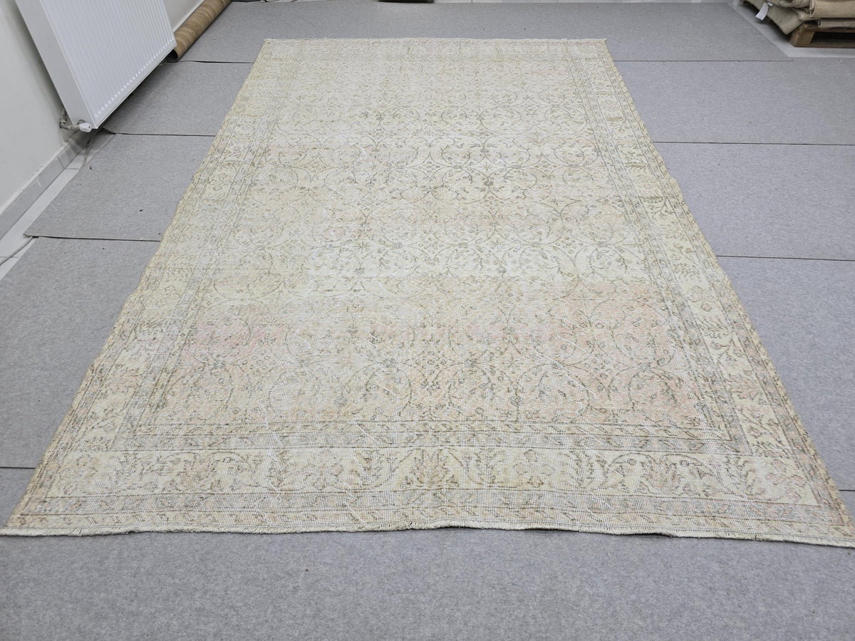 Oushak Rug 6x10, Muted Beige Turkish Area Rug, Vintage Floral Wool Carpet for Living Room Decor