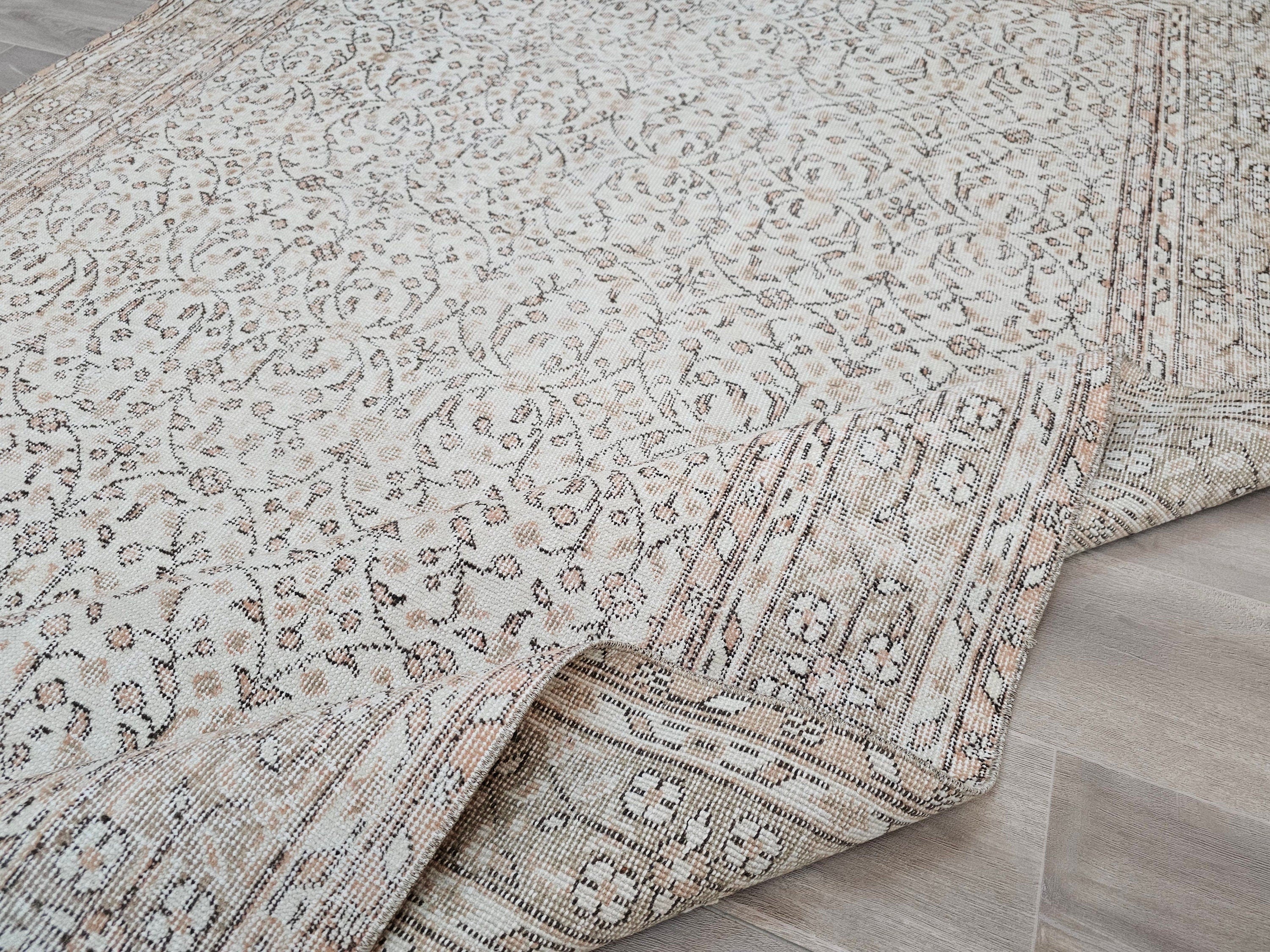 Neutral Vintage Turkish Oushak Rug: Hand-Knotted Wool, 6.2x10 ft