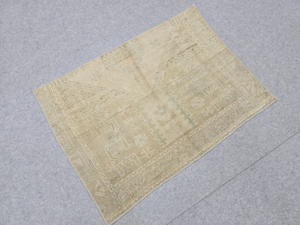 Vintage Bath Mat 2x3, Small Turkish Rug, Faded Neutral Door Mat, Hand Knotted Wool Oushak Mat, Muted Beige Kitchen Rug, Boho Entryway Rug