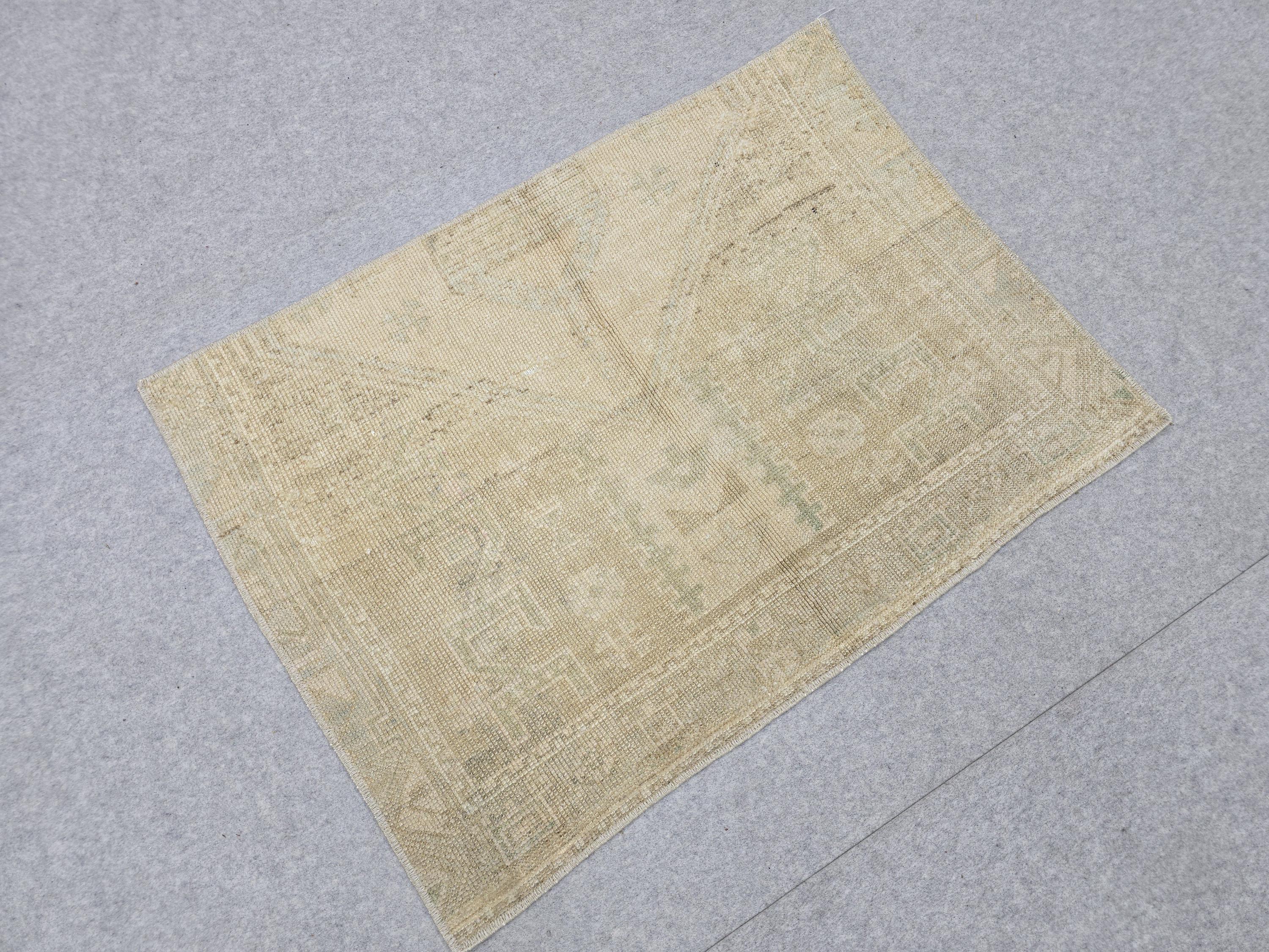 Vintage Bath Mat 2x3, Small Turkish Rug, Faded Neutral Door Mat, Hand Knotted Wool Oushak Mat, Muted Beige Kitchen Rug, Boho Entryway Rug