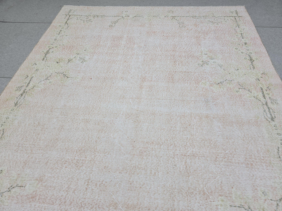 Oushak Rug 7x10, Faded Blush Pink Hand Knotted Turkish Area Rug, Muted Neutral Wool Carpet, Boho Bedroom Living Room Farmhouse Decor