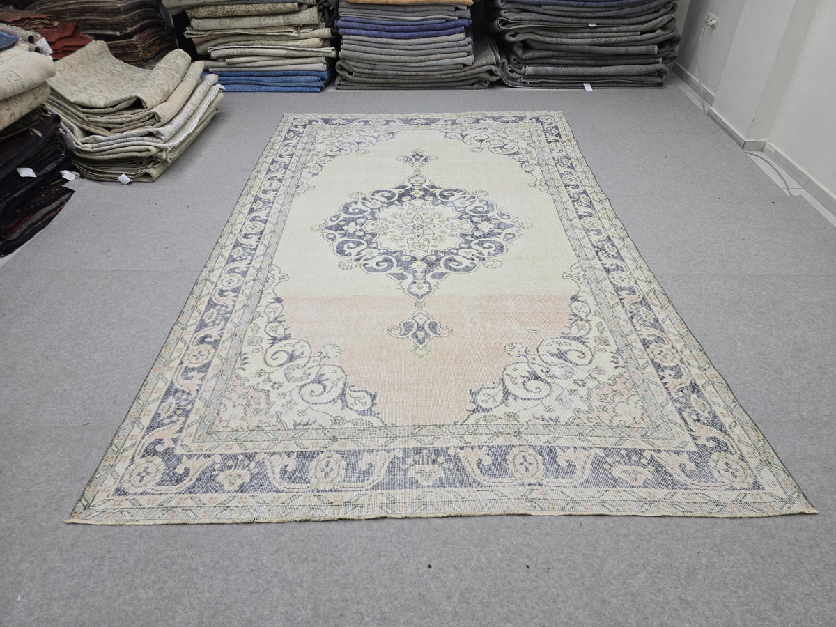 Turkish Rug 7x11, Vintage Navy Blue Cream Medallion Area Rug, Handknotted Oushak Style Carpet for Living Room Boho Decor