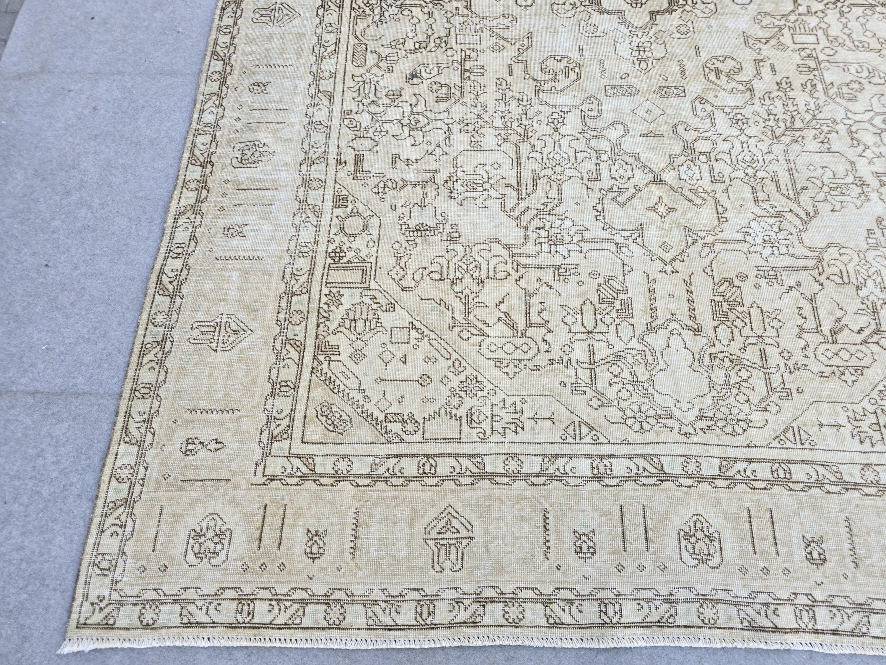 Oushak Rug 8x11, Antique Turkish Carpet, Ivory Brown Wool Rug, Hand Knotted Floral Area Rug, Neutral Dining Room Rug, Boho Decor Rug,