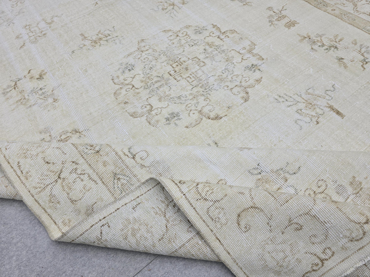 Vintage Turkish Wool Rug, Muted Cream Isparta Carpet, 7x10 Living Room Decor