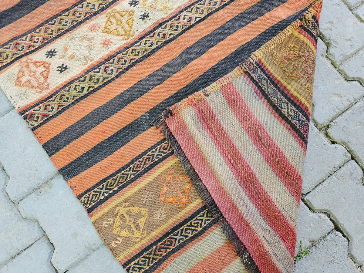 Vintage Turkish Wool Runner Rug: Striped Oushak Hallway Rug (3x13)