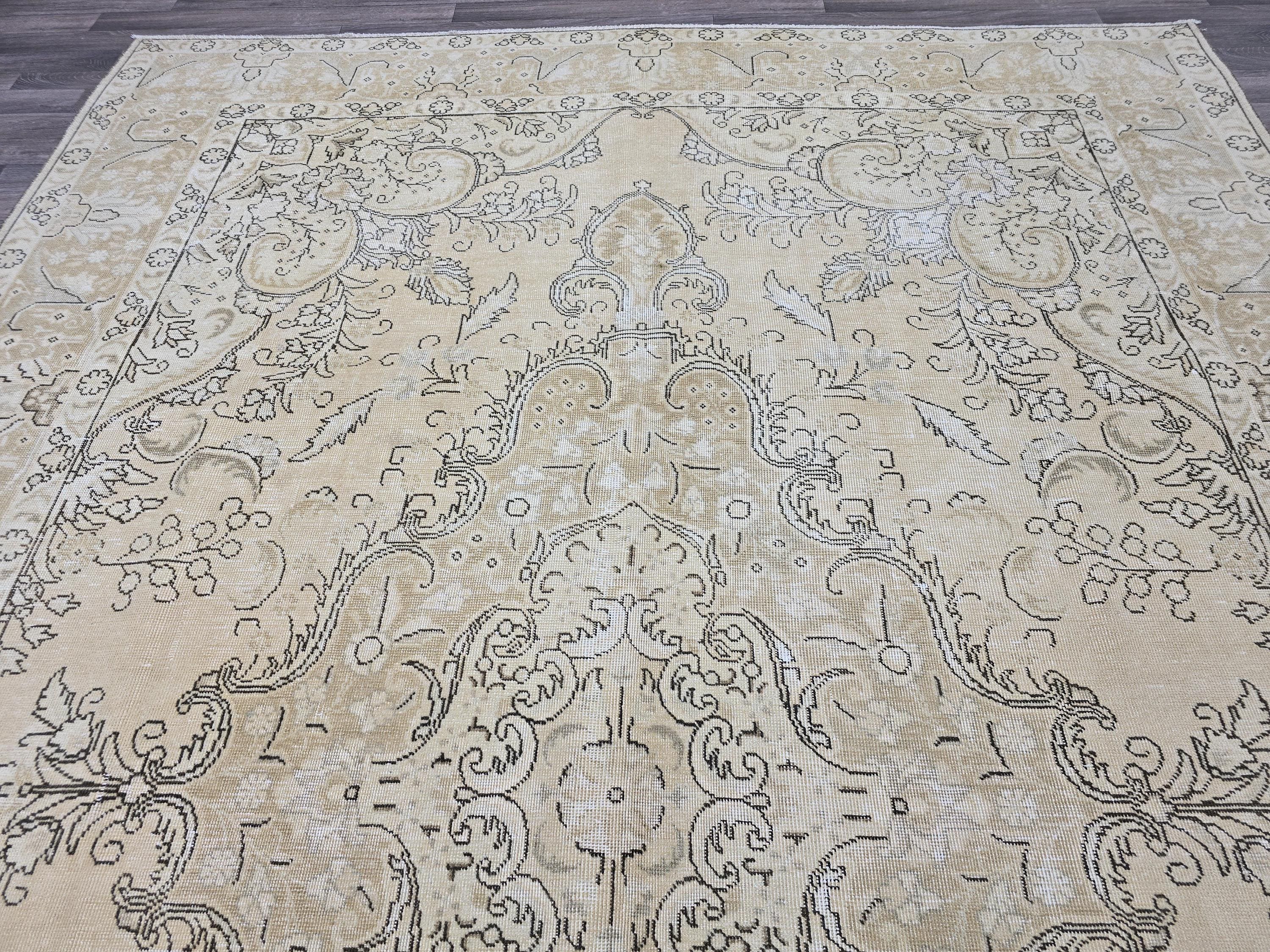 9x12 Oversized Vintage Oushak Rug: Distressed Tan Wool Medallion