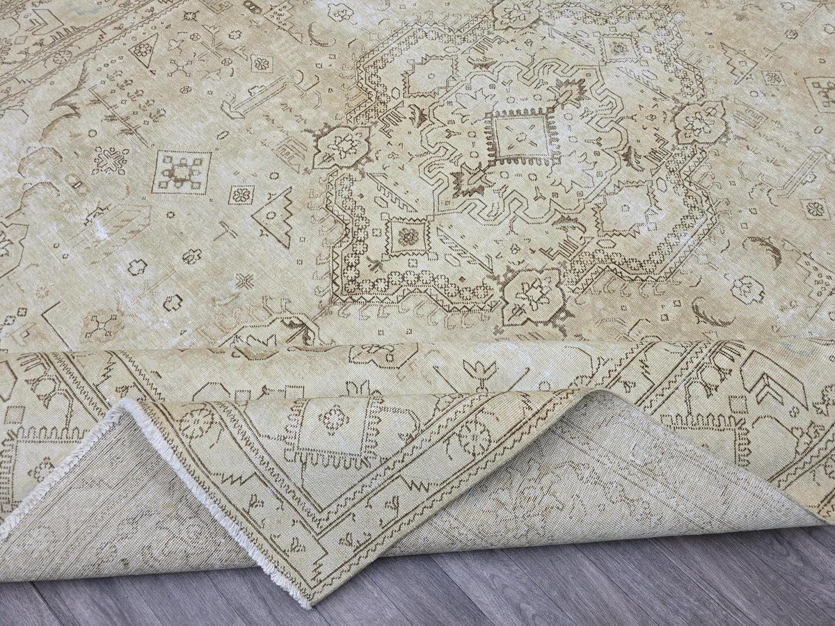 Oversized Turkish Oushak Rug: 9.65 x 12.6 Beige Medallion Wool Carpet