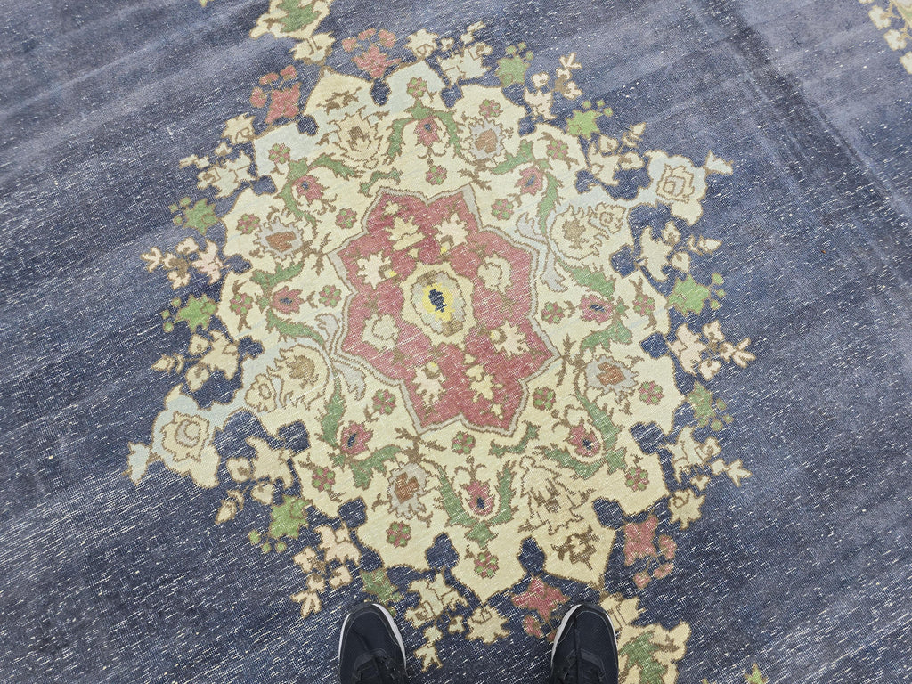Vintage Turkish Hand-Knotted Wool Rug, Blue Medallion Distressed Area Carpet (10x12)