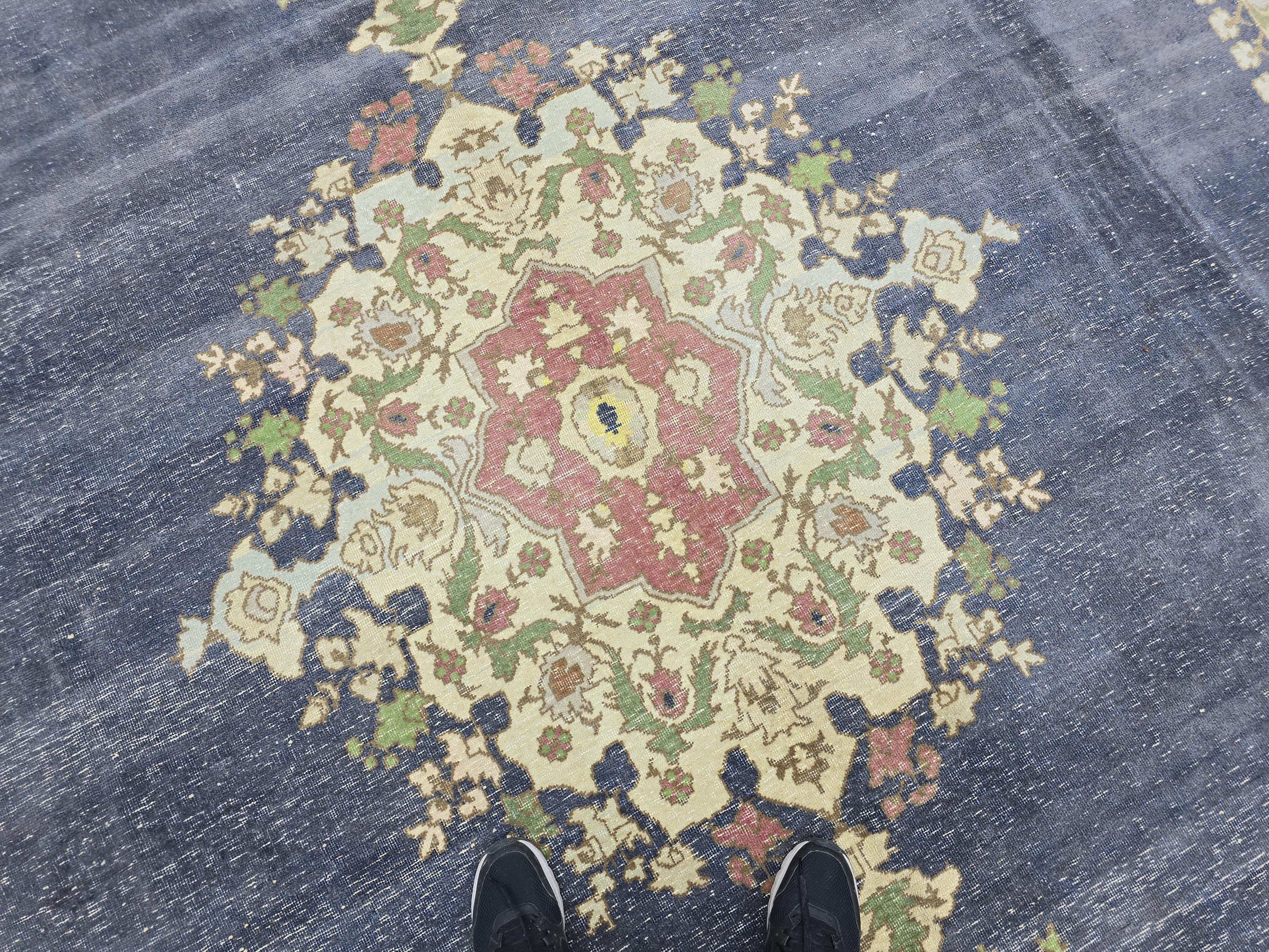 Vintage Turkish Hand-Knotted Wool Rug, Blue Medallion Distressed Area Carpet (10x12)
