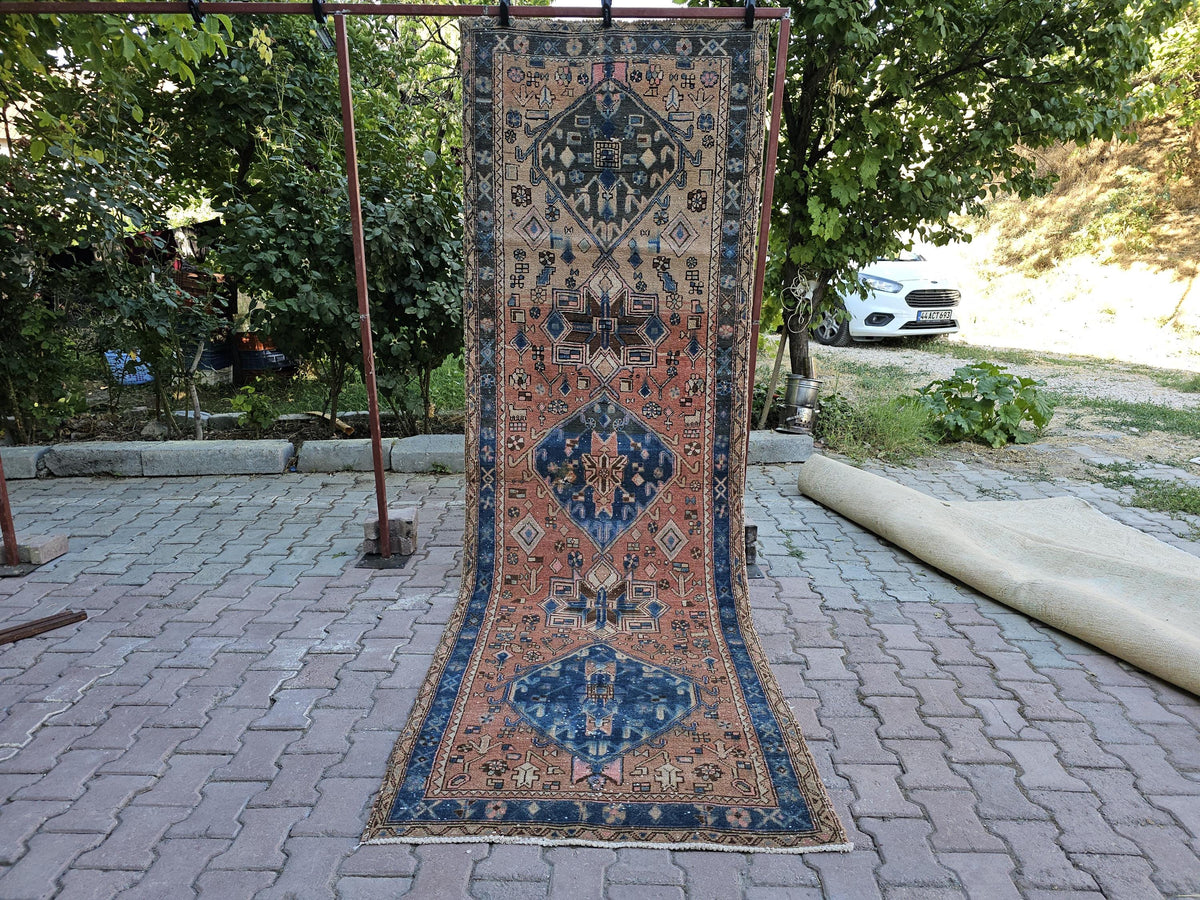 Antique Wool Runner Rug: Hand-Knotted Geometric Design (3.50x10.60 ft)