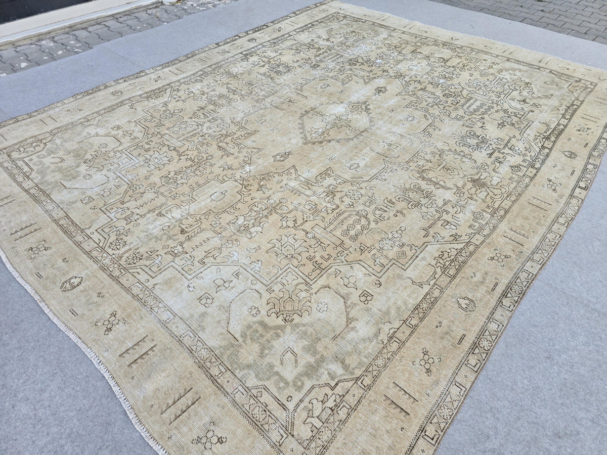 Turkish Rug 9x12 · Distressed Neutral Camel Beige Wool Area Rug · Faded Hand Knotted Vintage Oushak Carpet  · Living Room Boho Decor
