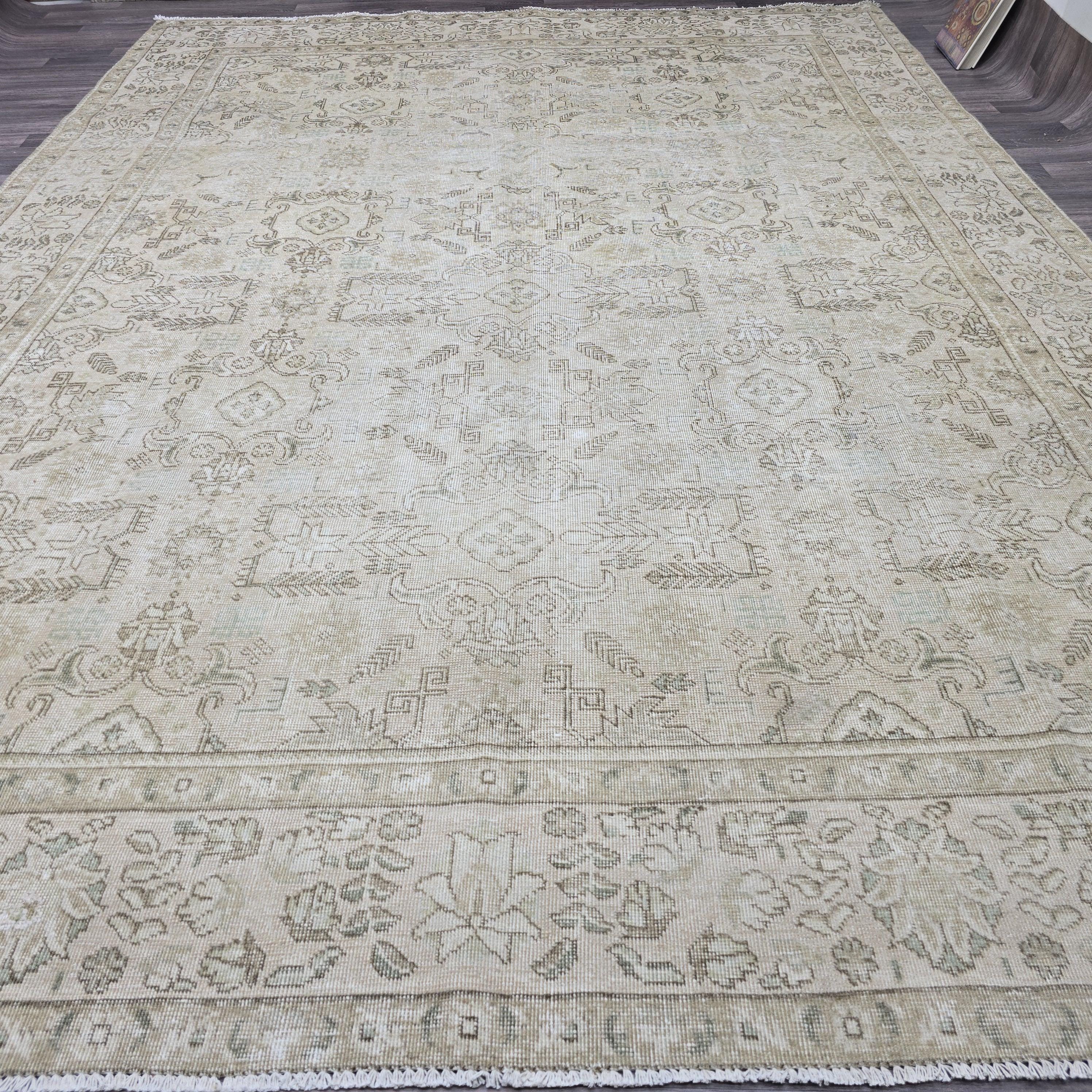 Oushak Rug 9x13: Hand Knotted Wool Area Rug, Distressed Neutral Turkish Carpet (9.4x12.7 ft.)