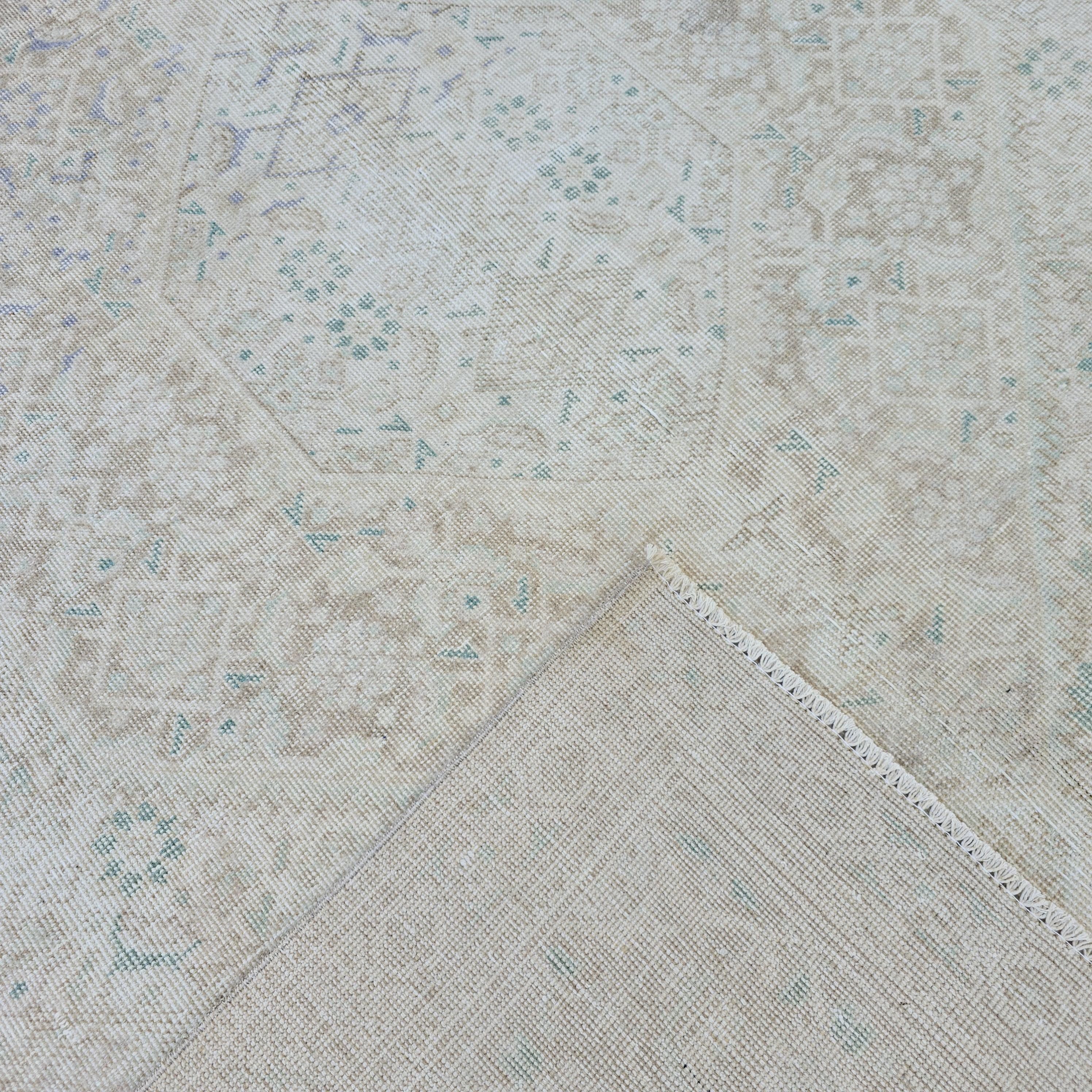 Vintage Turkish Hand-Knotted Rug: Muted Beige, Blue & Sage Geometric Carpet