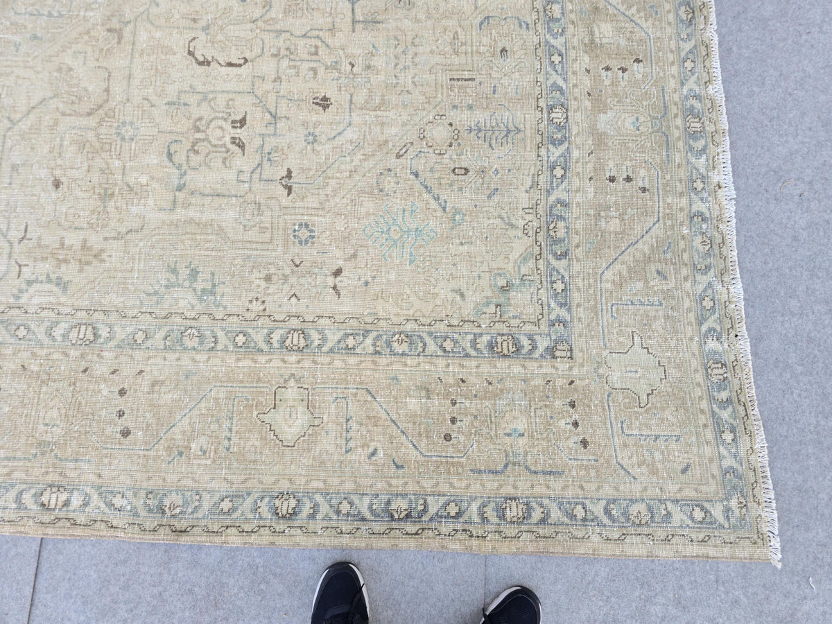 Turkish Rug 10x12, Faded Sand Beige Oversized Area Rug, Vintage Wool Carpet with Soft Blue Green, Living Room Boho Decor Rug