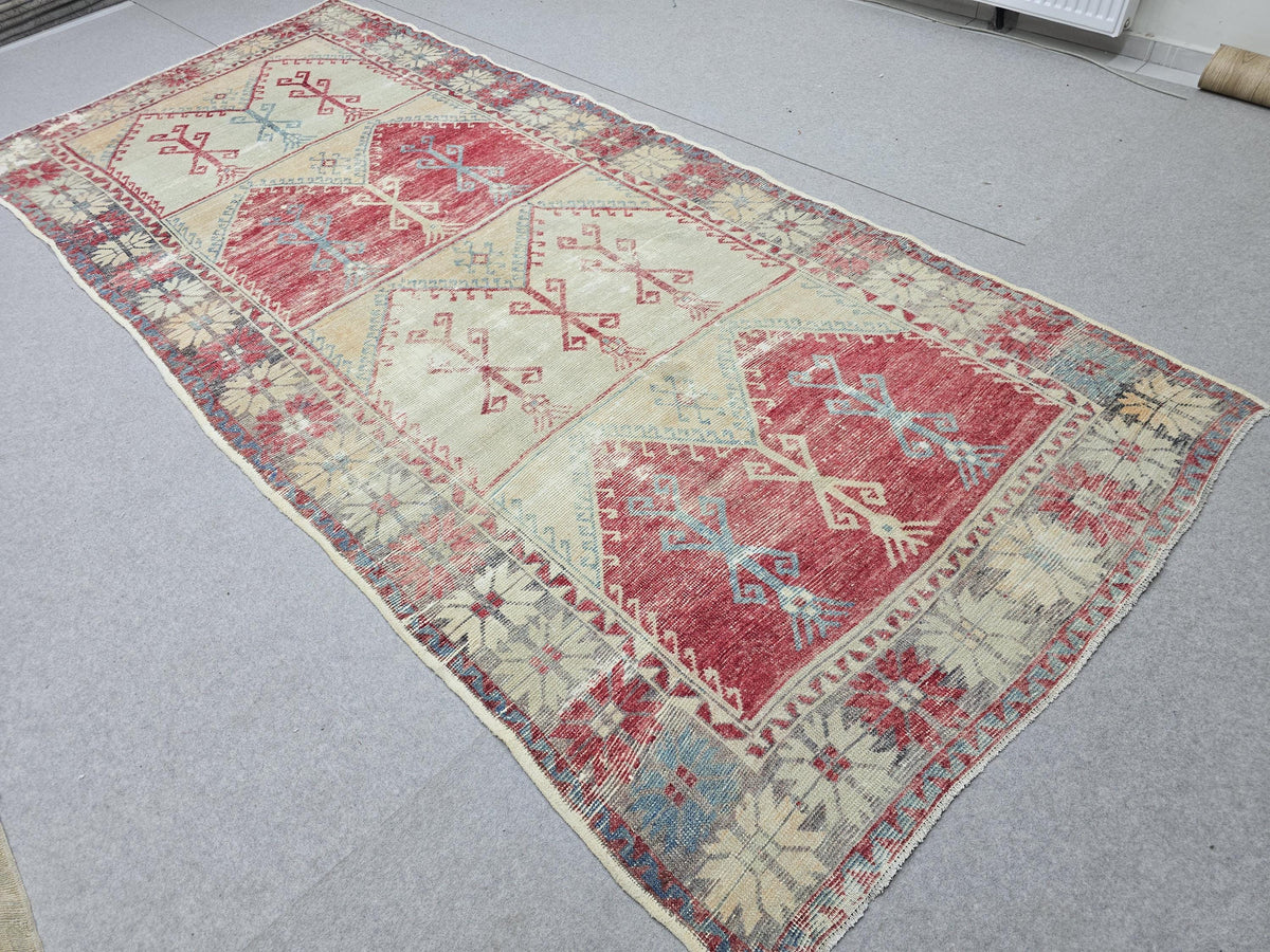 Oushak Rug 5x12, Antique Red Cream Distressed Wool Area Rug, Faded Panel Medallion Anatolian Wide Runner, Boho Farmhouse Living Room Decor