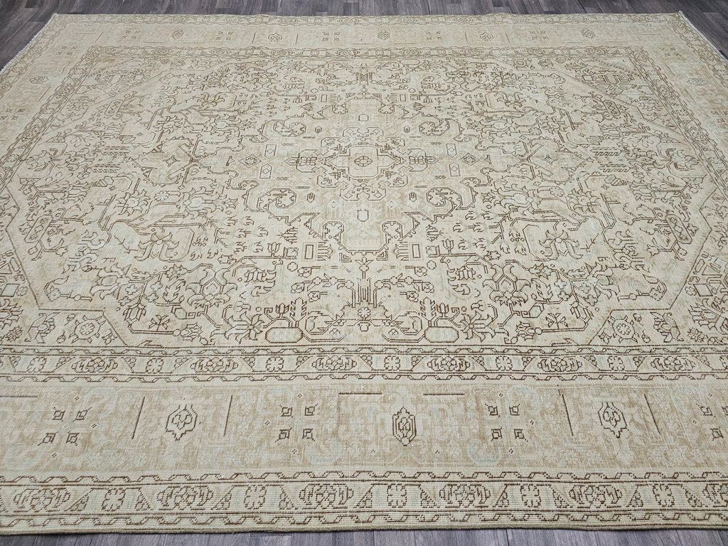 Oversize Hand Knotted Wool Rug: 9.60x12.60 ft. Vintage Turkish Geometric Carpet