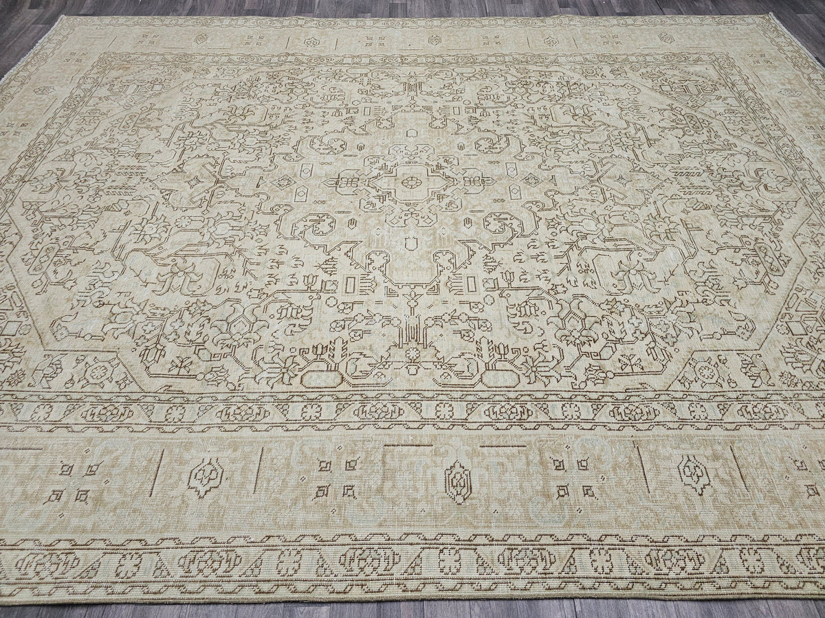 Oversize Hand Knotted Wool Rug: 9.60x12.60 ft. Vintage Turkish Geometric Carpet