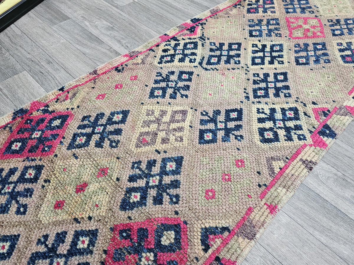 Hand Knotted Wool Runner Rug: Vintage Turkish Herki, 2.40x13 ft