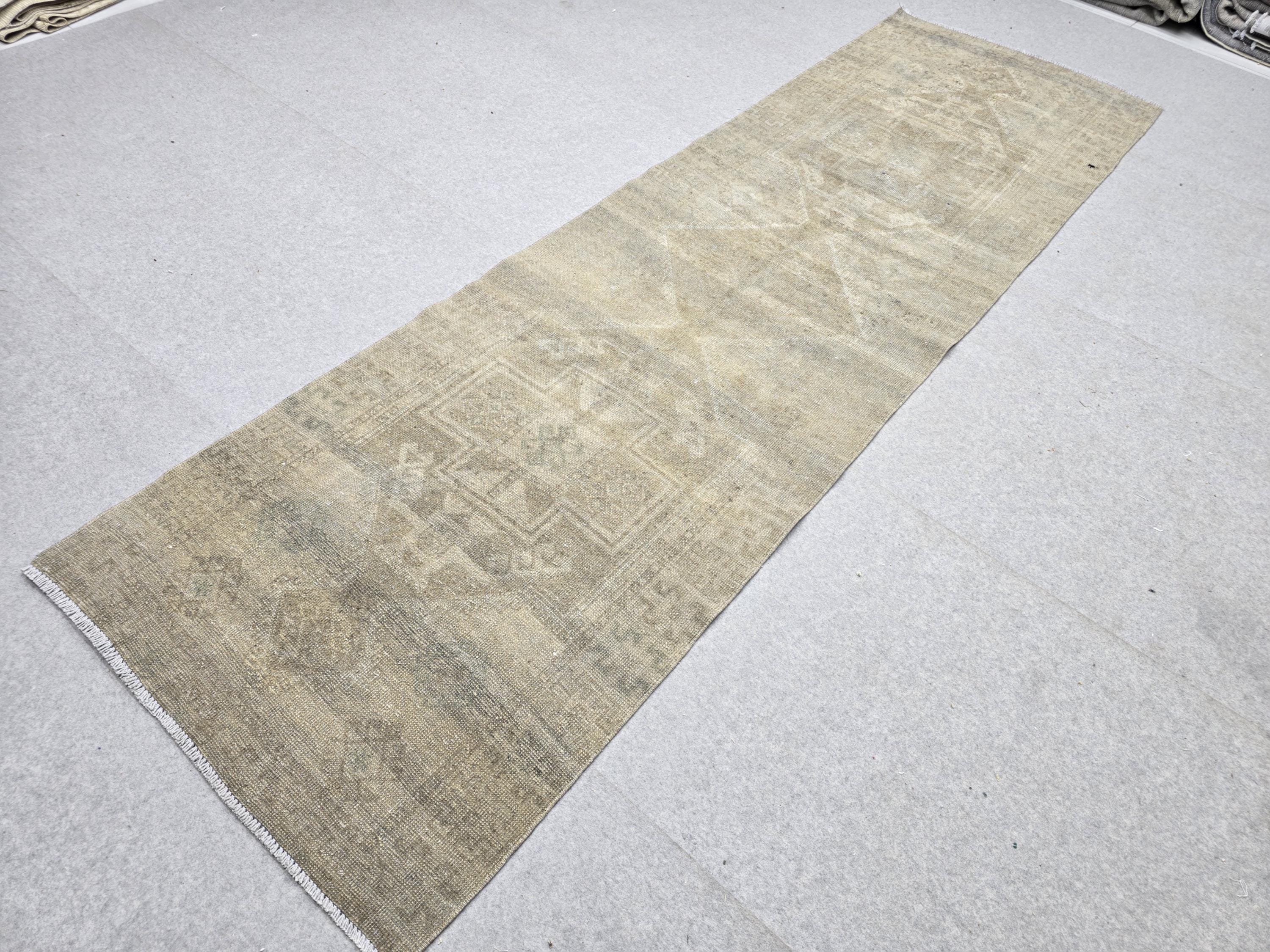 Turkish Runner Rug 3.5x11, Olive Sage Earth Tone Hallway Runner, Faded Wool Kitchen Runner, Tribal Corridor Rug for Dining Room Decor