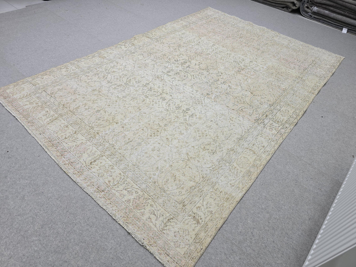 Oushak Rug 6x10, Muted Beige Turkish Area Rug, Vintage Floral Wool Carpet for Living Room Decor
