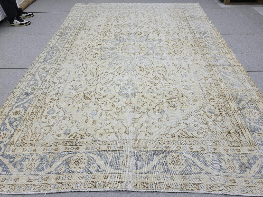 Oushak Rug 7.50x10.60 feet, Blue Medallion Turkish Carpet, Muted Cream Beige Floral, Vintage Tabriz Style Area Rug, Living Room