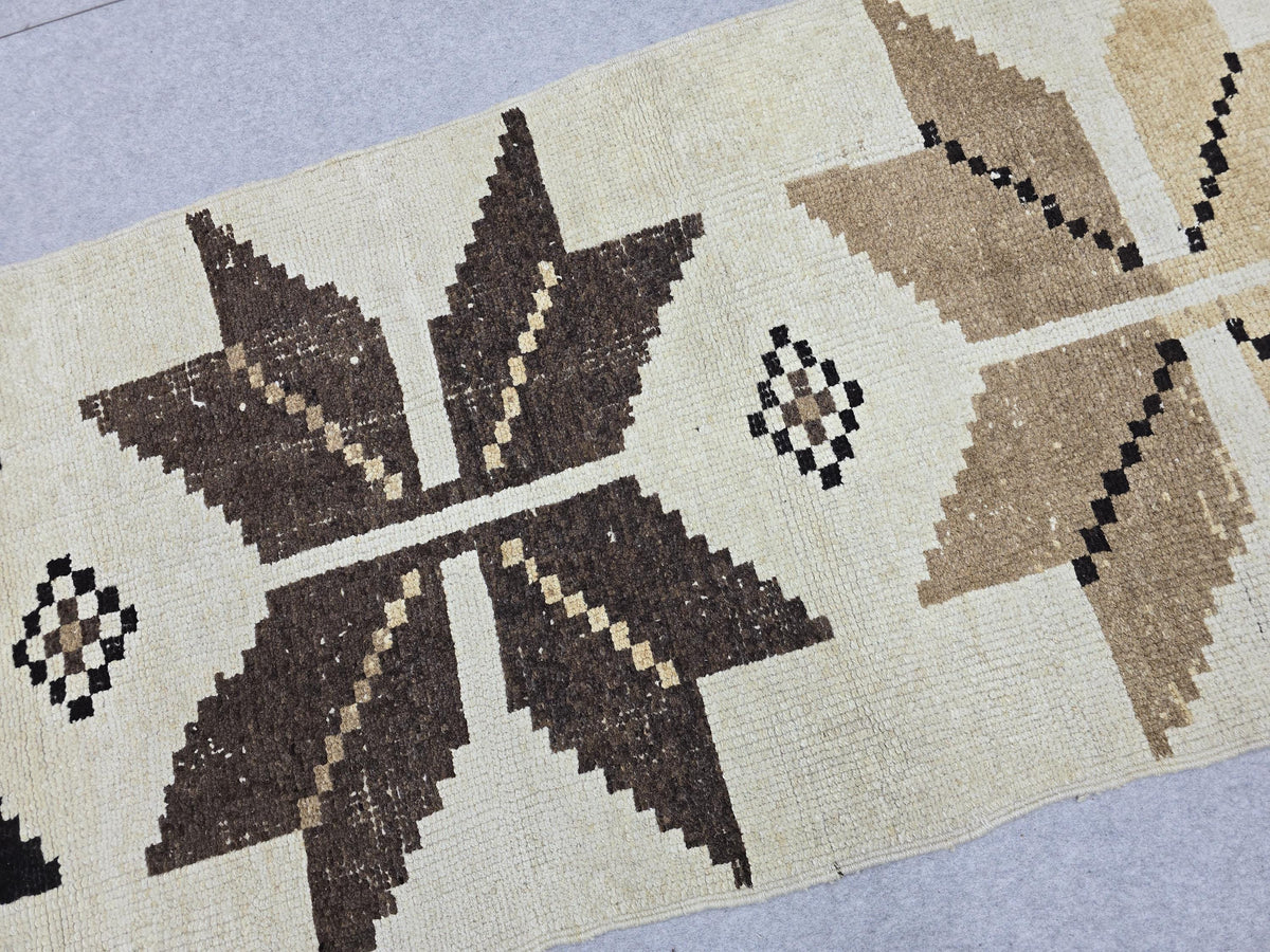 Turkish Runner Rug 3x12, Vintage Ivory Brown Hallway Runner, Tribal Star Geometric Wool Corridor Carpet, Boho Farmhouse Decor