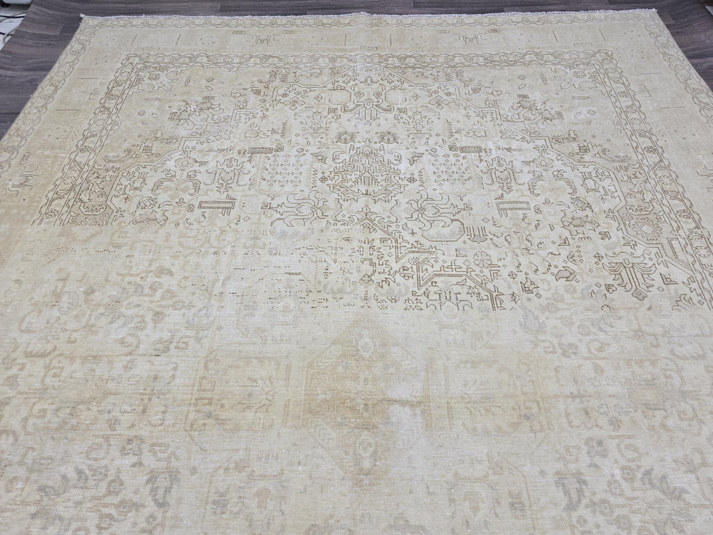 9x12 Vintage Oushak Rug: Handmade Neutral Turkish Area Carpet (9.45x12.85 ft)
