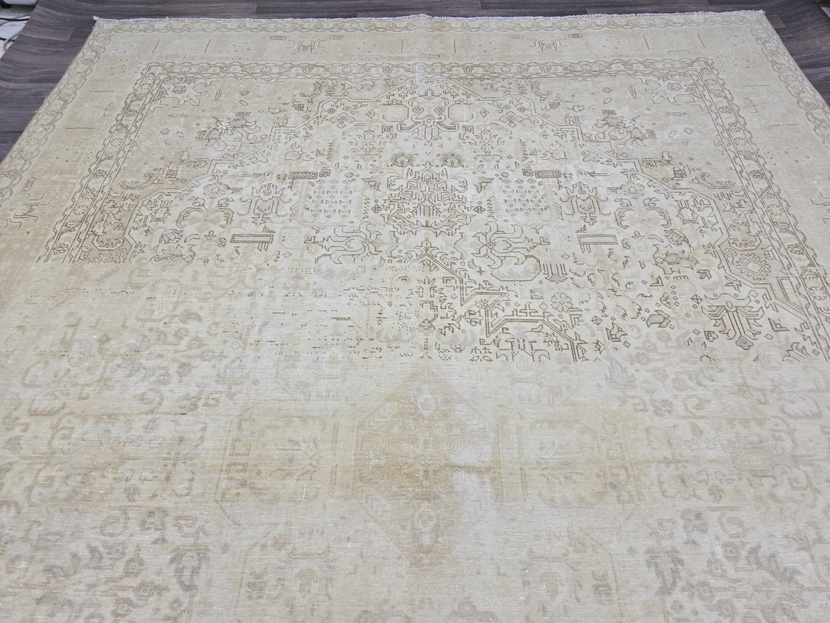 9x12 Vintage Oushak Rug: Handmade Neutral Turkish Area Carpet (9.45x12.85 ft)