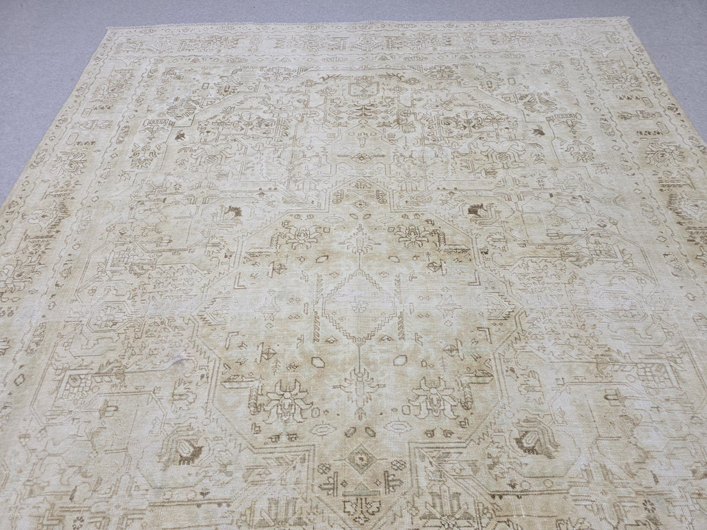 8x11 Vintage Hand Knotted Wool Rug, Muted Neutral Oushak Style, 8x11 Distressed Area Rug
