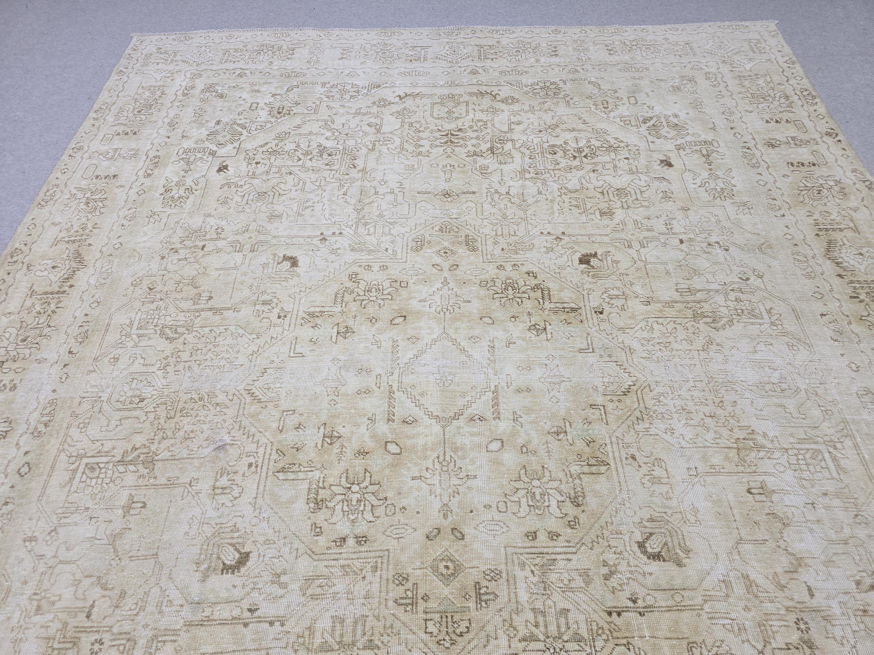 8x11 Vintage Hand Knotted Wool Rug, Muted Neutral Oushak Style, 8x11 Distressed Area Rug
