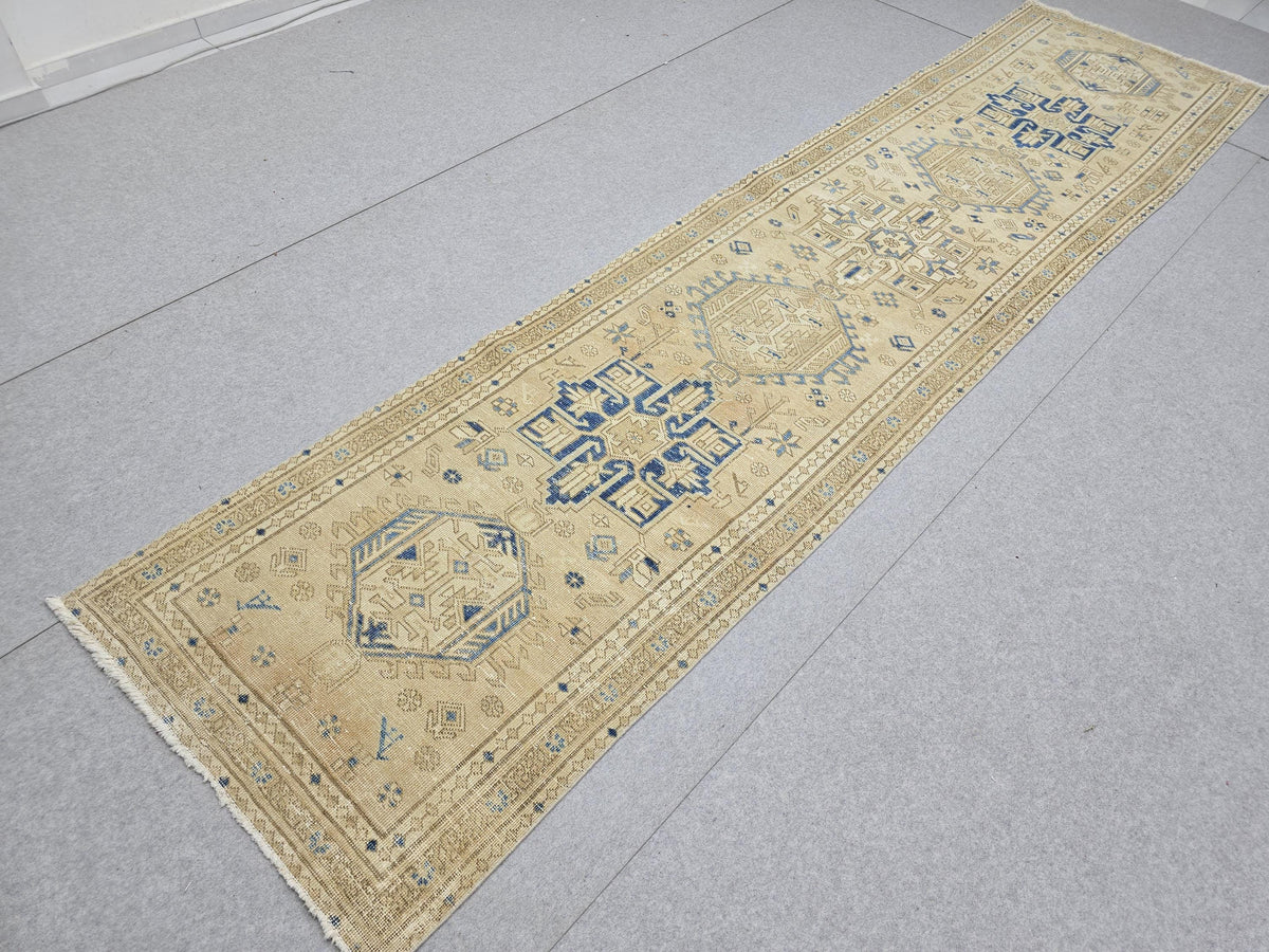 3x12 Turkish Runner Rug, Blue Beige Vintage Wool Hallway Runner, Faded Tribal Medallion Anatolian Corridor Rug, Boho Farmhouse Decor