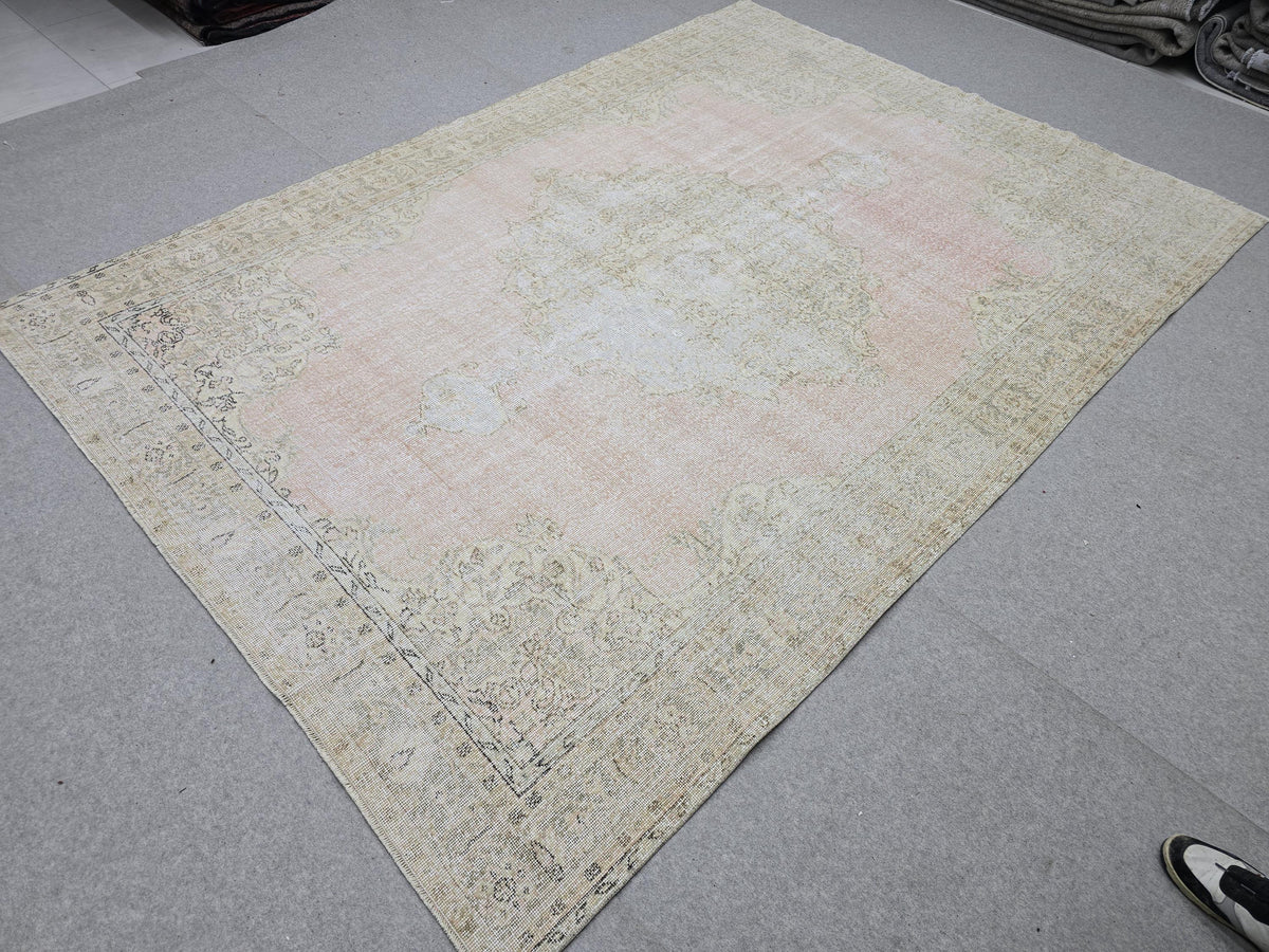 Oushak Rug 7x10, Muted Pink Beige Handwoven Turkish Carpet, Vintage Wool Area Rug for Living Room Bedroom Boho Farmhouse Decor