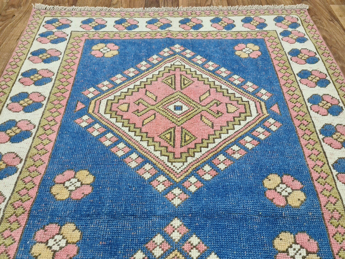 4x6 Small Turkish Rug: Small Vintage Geometric Blue Oushak (4.2x6.4 ft)