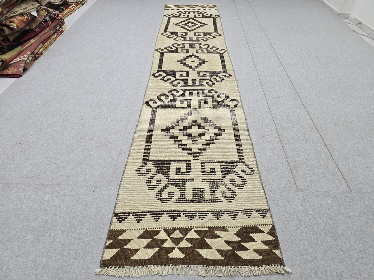 Vintage Rug 2x11 Runner, Hand Woven Herki Wool Hallway Runner, Cream Beige Tribal Anatolian Long Runner, Boho Farmhouse Kitchen Runner