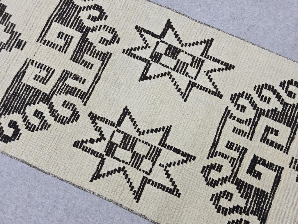 Vintage Rug Runner 2x11, Ivory Black Tribal Hand Knotted Wool Hallway Runner, Anatolian Geometric Boho Stair Runner