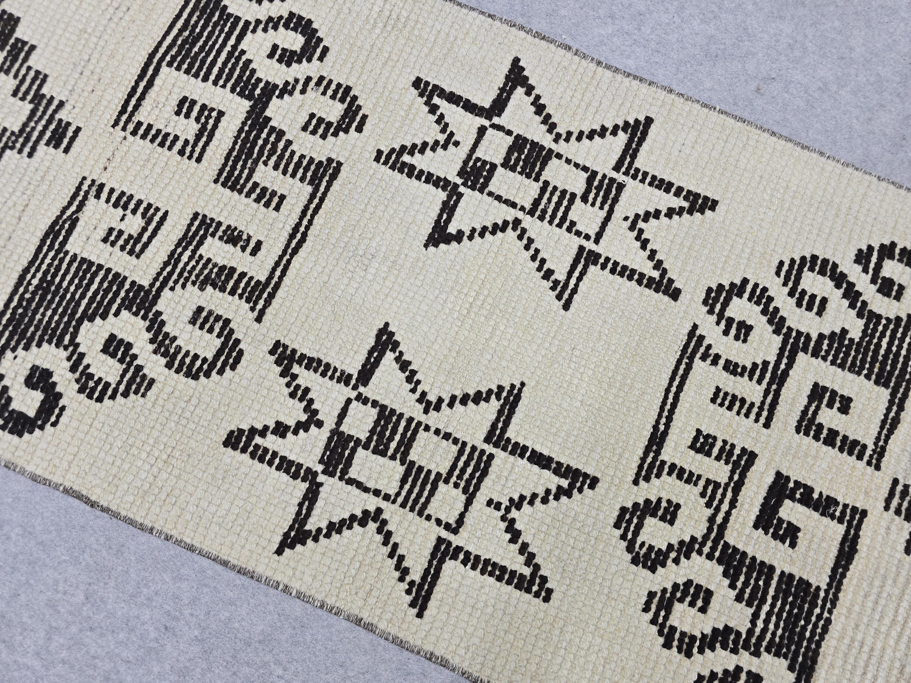 Vintage Rug Runner 2x11, Ivory Black Tribal Hand Knotted Wool Hallway Runner, Anatolian Geometric Boho Stair Runner
