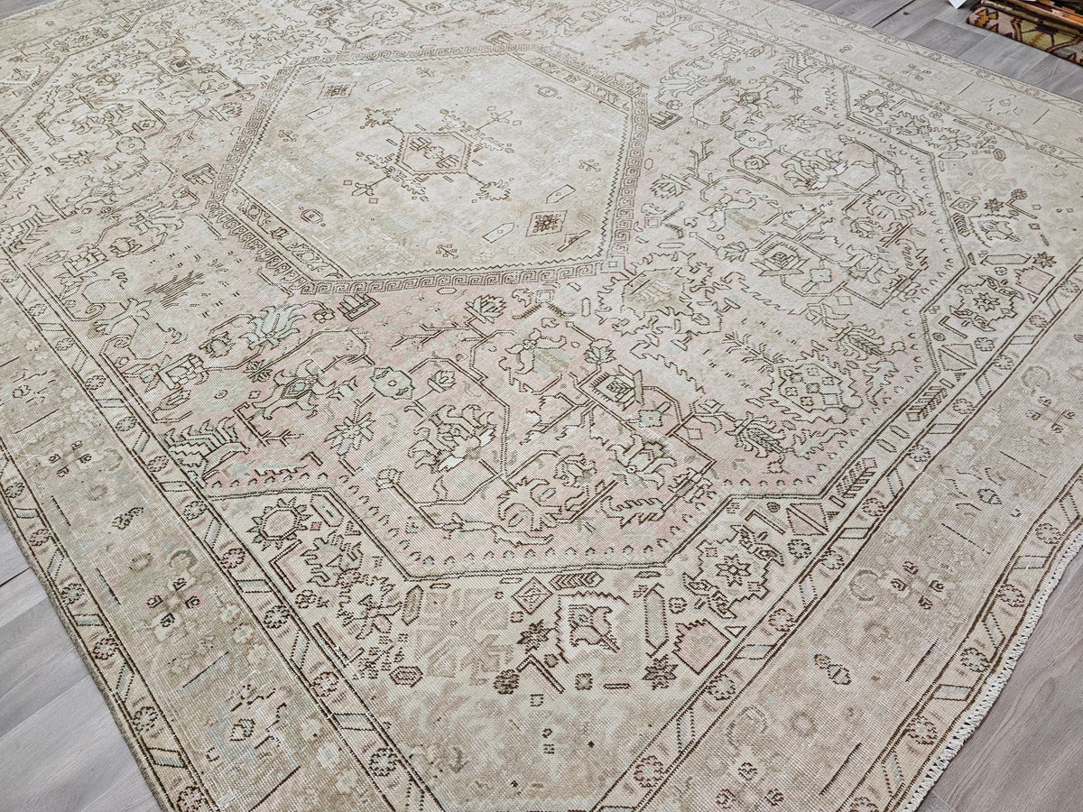 10x12 Vintage Hand-Knotted Turkish Rug: Neutral Anatolian Design