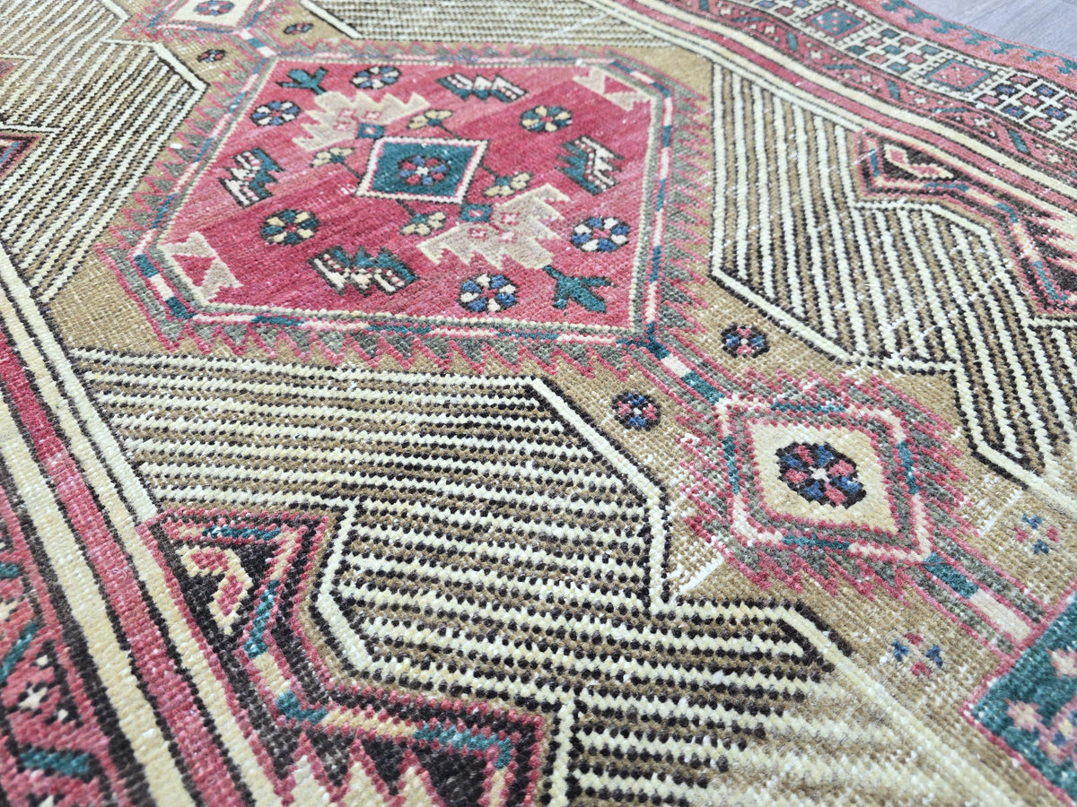 Vintage Turkish Runner Rug 3x11: Handknotted Oushak, Pastel Geometric Hallway Rug